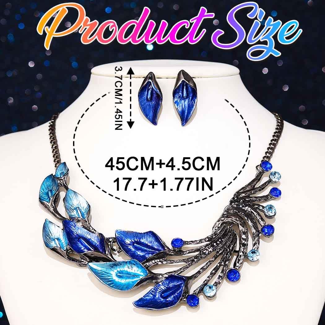 Yean Silver Blue Leaf Branch Necklace and Earrings Set Chunky Bib Necklace Jewelry for Women