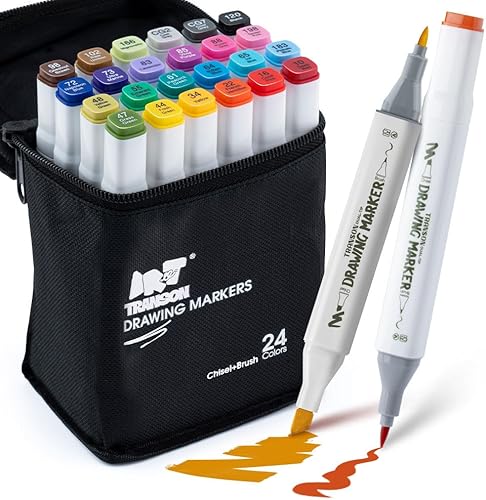 TRANSON Marcadores de alcohol para dibujar y colorear 24 colores de doble punta de pincel y puntas de cincel