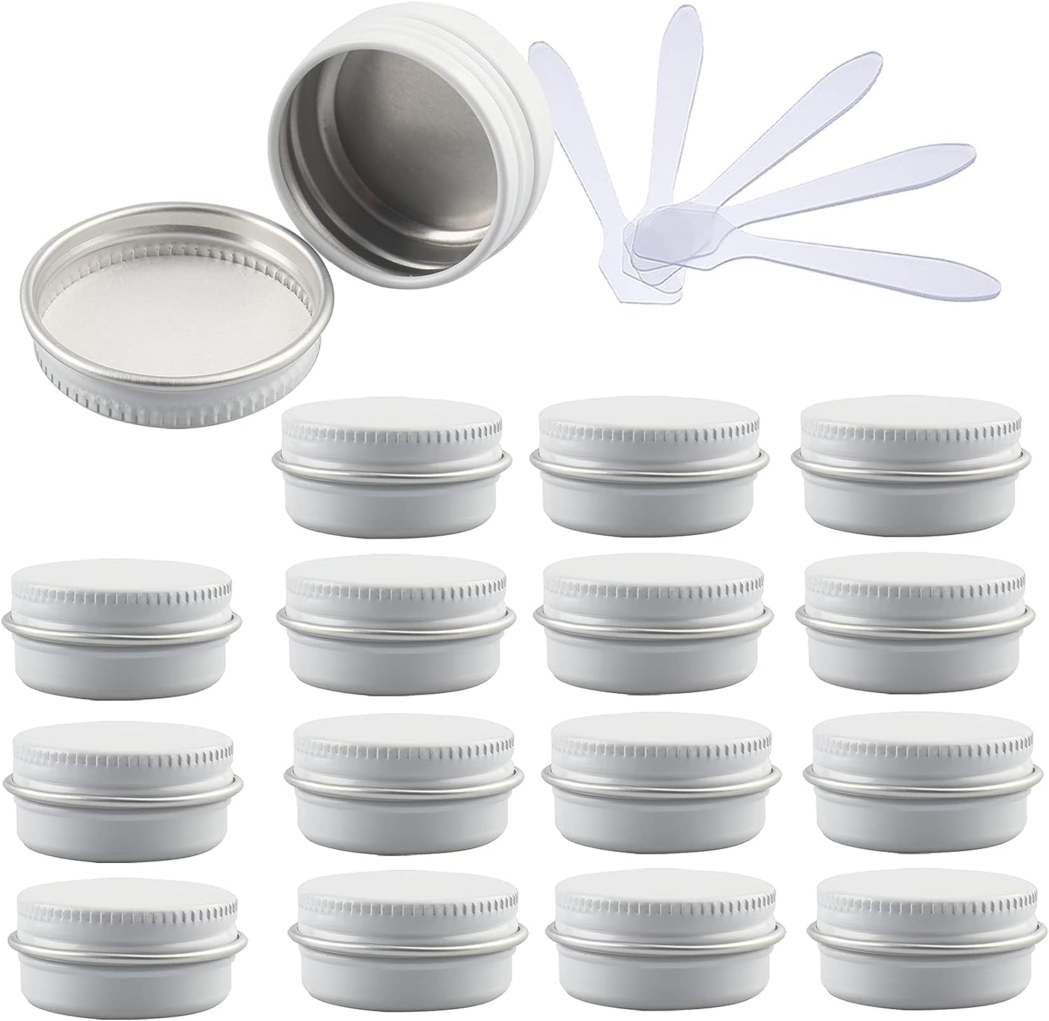 FLYIODFCXV cosmetic jar, 48 PC Aluminium Tins with Screw Lids Storage Jars Cosmetics Containers Pots with 6 Spatula(White,0.5 Ounces)