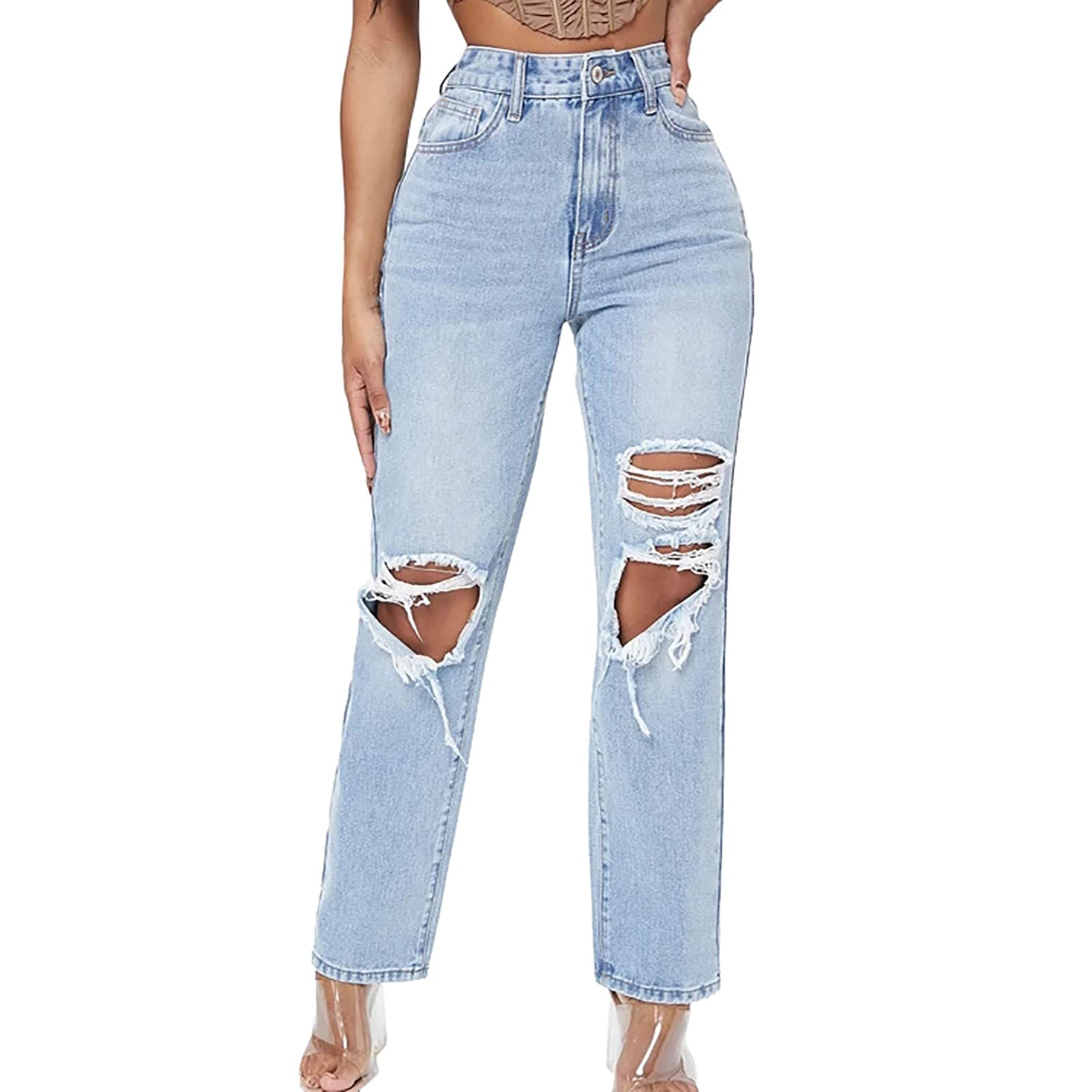 Lange Jeansjacke für Damen – zerrissenes Loch, hohe Taille, waschbar, hellblau, Denim-Jeans, Cargohose, Hot Girls Jeans, Jeans mit Löchern, Schwarz