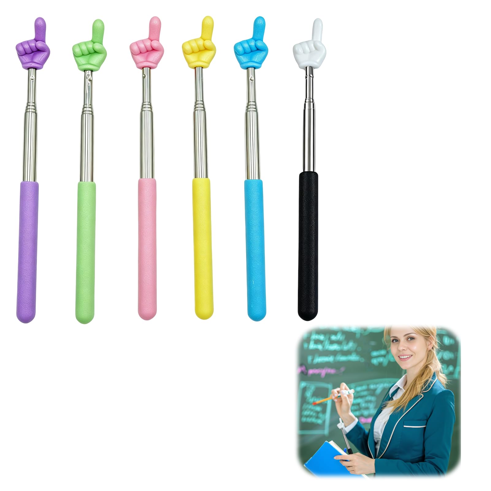 Ainsley 6PCS Finger Pointer Stick, Telescopic Teachers Pointer, Tiny Hand Pointer Stick for School, Teaching and Presentation (68cm, 6 colors)