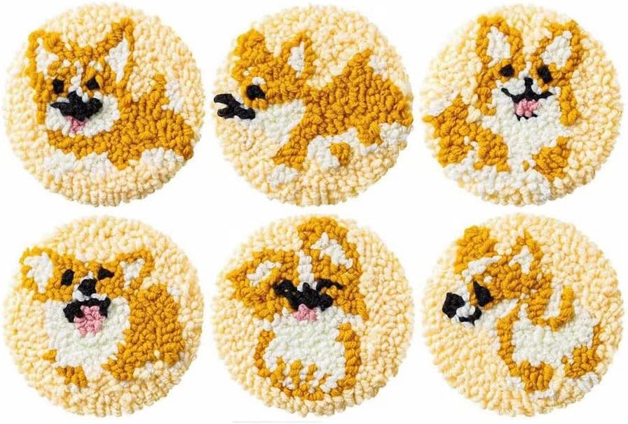 Punch Needle Coaster Kit 6 Patterns Corgi Tufted Rug Pads, DIY Needle Punch Coaster Kit for Adults Beginners with Adhesive Felt Yarns Embroidery Hoop Tools Instruction