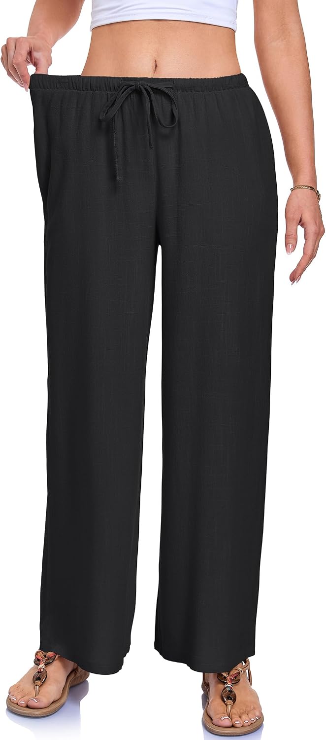 Linen Pants Women Palazzo Pants Drawstring Elastic Waist Wide Leg Cotton Summer Beach Trousers with Pockets