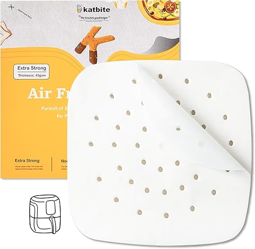 Katbite 200 piezas de papel pergamino para freidora de aire de 7.5 pulgadas, forros cuadrados antiadherentes resistentes para freidora de aire,