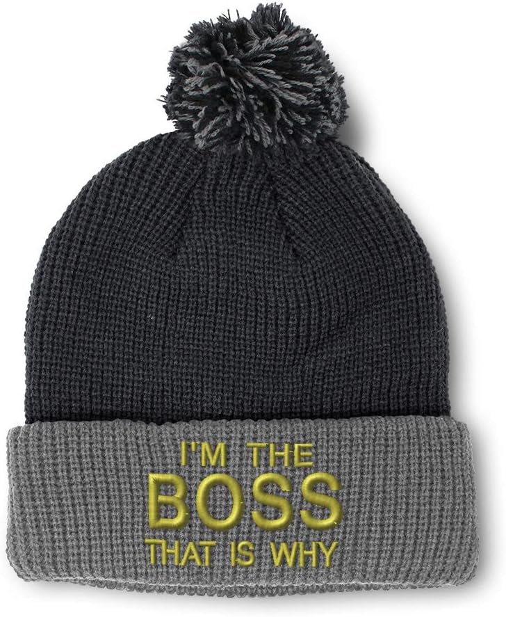 Pom Pom Beanies for Women I'm The Boss That is Why Embroidery Skull Cap Winter Hats for Men Acrylic 1 Size