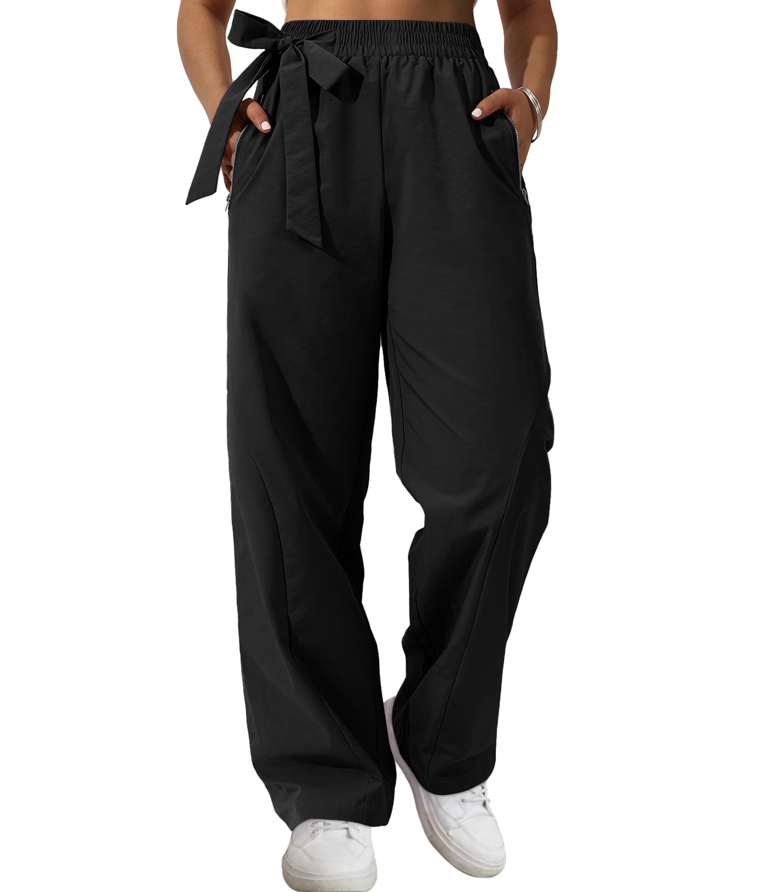 Womens Wide Leg Pants Y2K Trendy Elastic Waist Track Pants Baggy Tie Knot Trousers with Zipper Pockets Streetwear