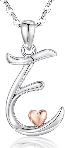 CELESTIA Collares con iniciales de plata de ley 925, 26 letras con corazón de oro rosa, cadena de 18 pulgadas