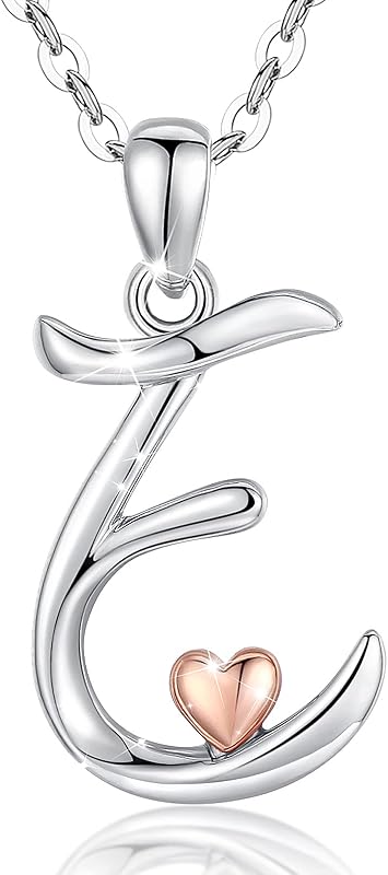 CELESTIA Collares con Iniciales de Plata de Ley 925, 26 Letras con corazón de Oro Rosa, Cadena de 18 Pulgadas