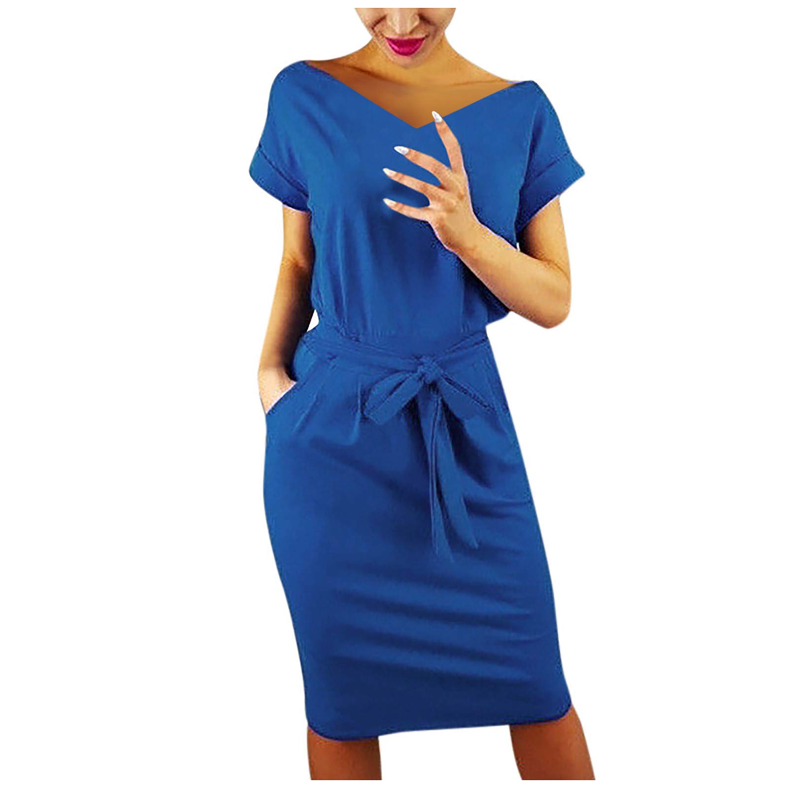 Womens Casual Pocket Dress Summer Short Sleeve Belted Evening Party Pencil  Dresses Slim Fit