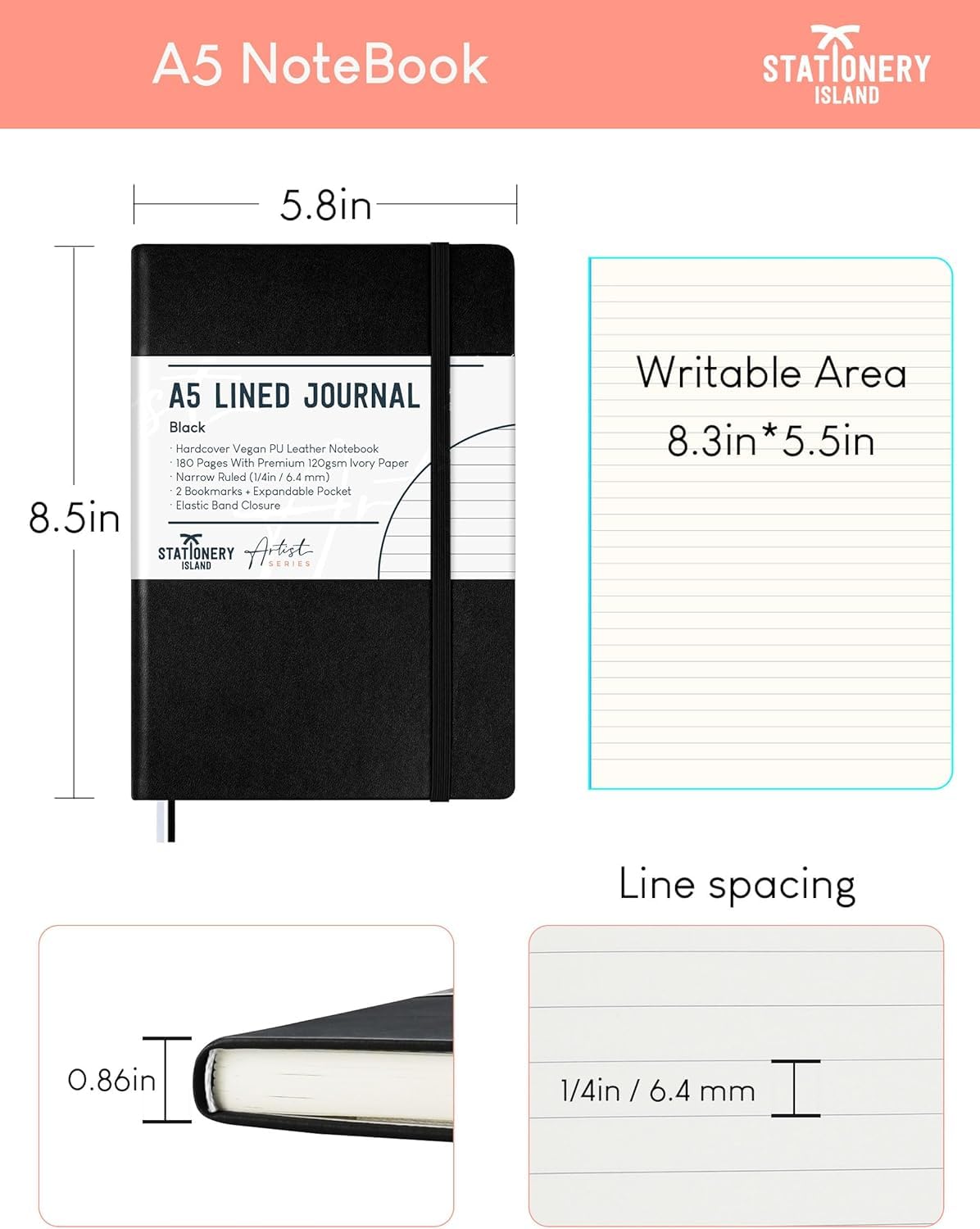 STATIONERY ISLAND A5 Lined Notebook, Journal Lined Hardcover with 120gsm Premium Thick Paper - Image 4