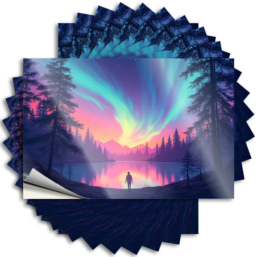 Sticker Guest Vinyl Sticker | Man Standing By Lake Under Aurora Borealis Cool for Teacher Use(6X9CM)