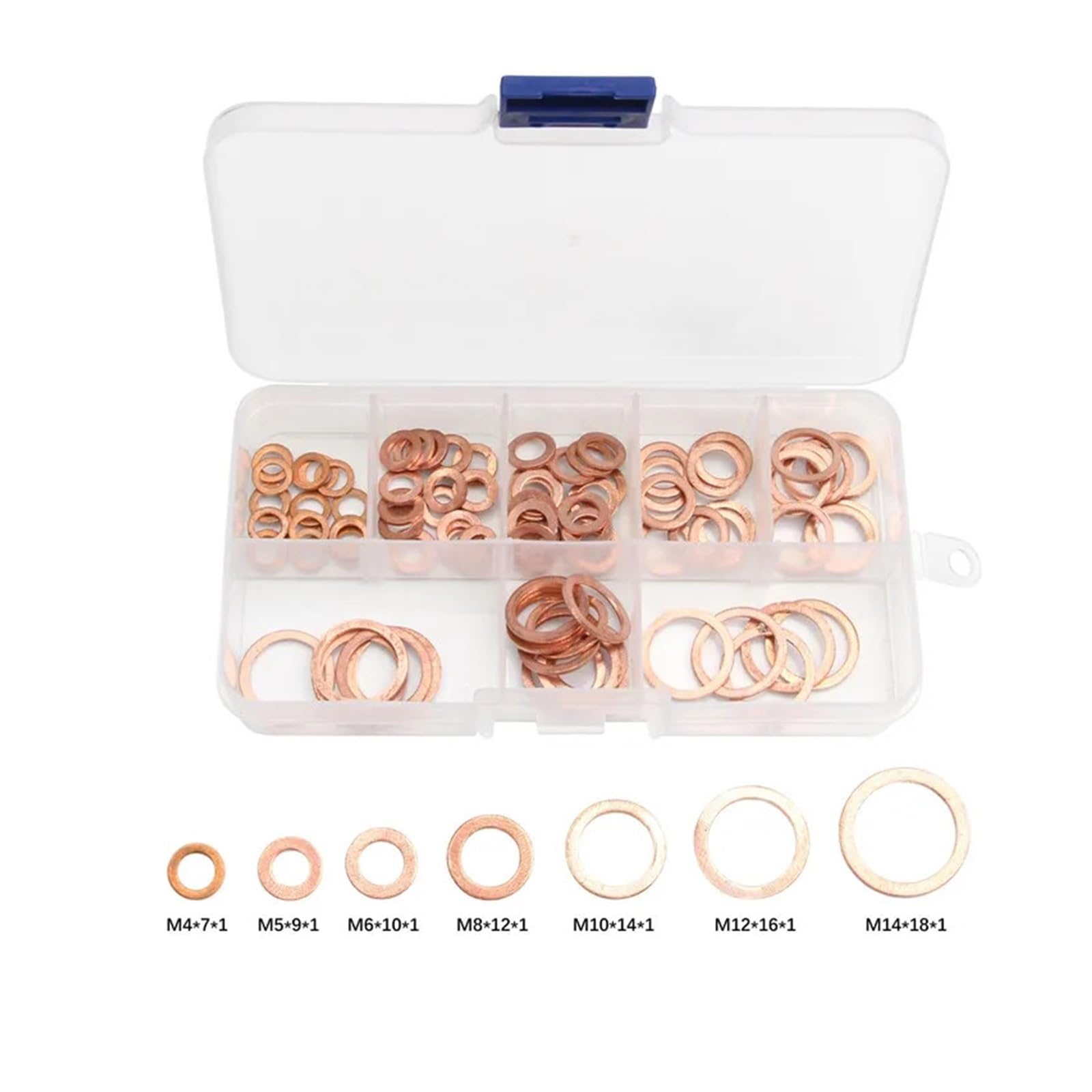 Unterlegscheiben aus Messing, 100-teiliges Kupfer-Unterlegscheiben-Dichtungs-Mutter- und Schrauben-Set, flaches Ringdichtungs-Sortiment-Set mit Box M4/M5/M6/M8/M10/M12/M14 for Ölwannenstopfen