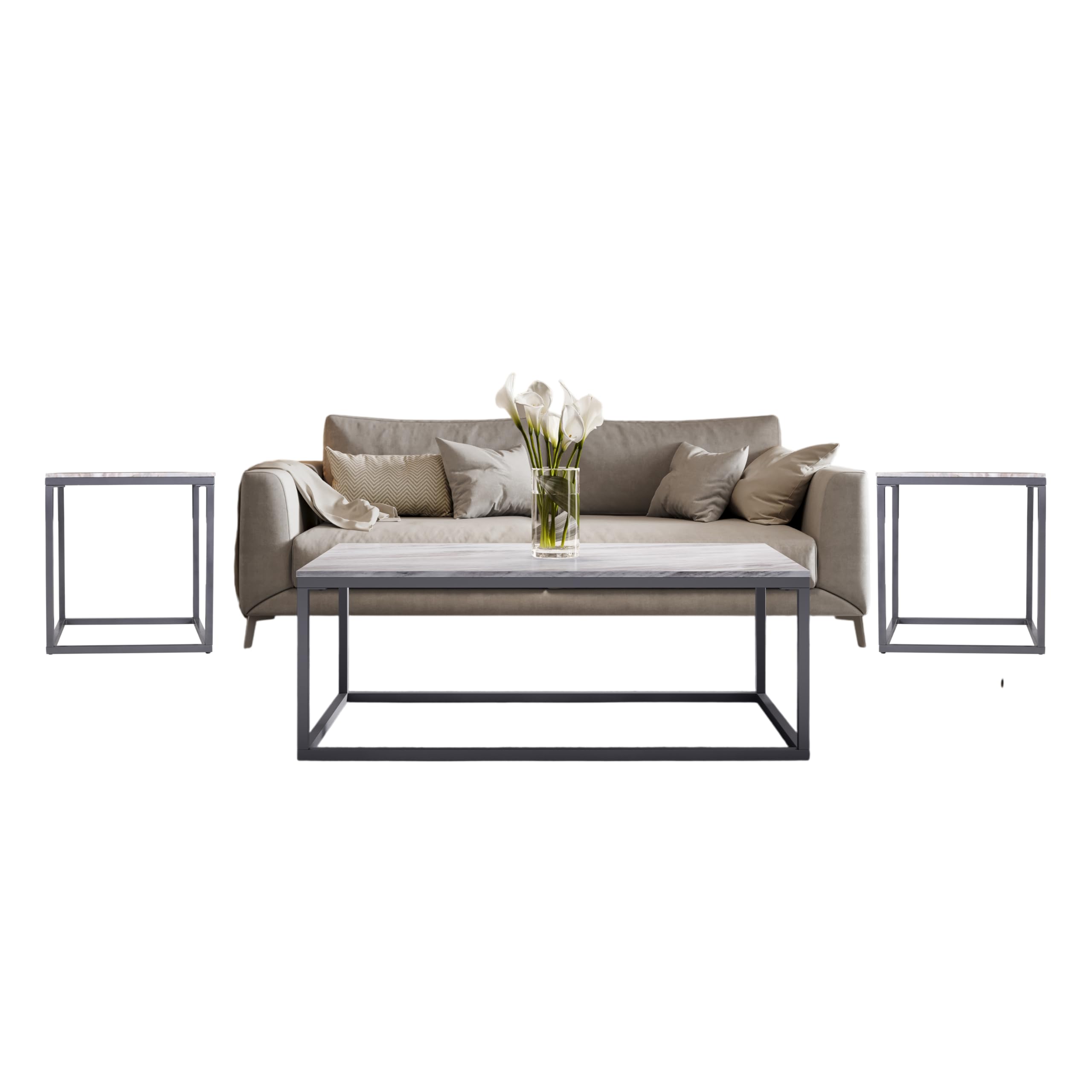 Wynn Modern Luxe Three Piece Living Room Solid Marble Coffee and Matching End Tables Set by Jofran Inc. – Marble, Grey Marble, Pack of 3, Model 2568-C2E