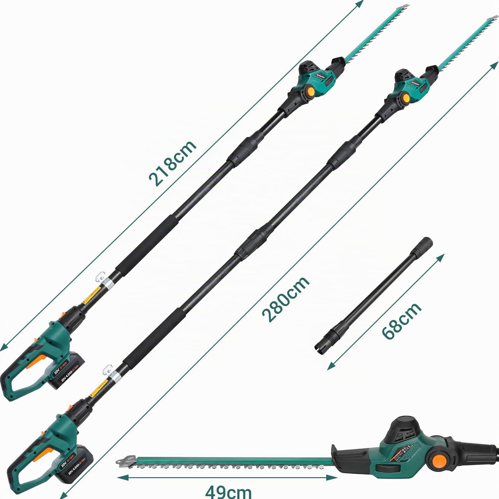 Cortasetos telescópico inalámbrico, Cortasetos inalámbrico, con batería/Cargador de Iones de Litio de 20 V y 4,0 Ah, Longitud de Hoja de 45 cm, Mango Principal Giratorio, Engranaje de Metal