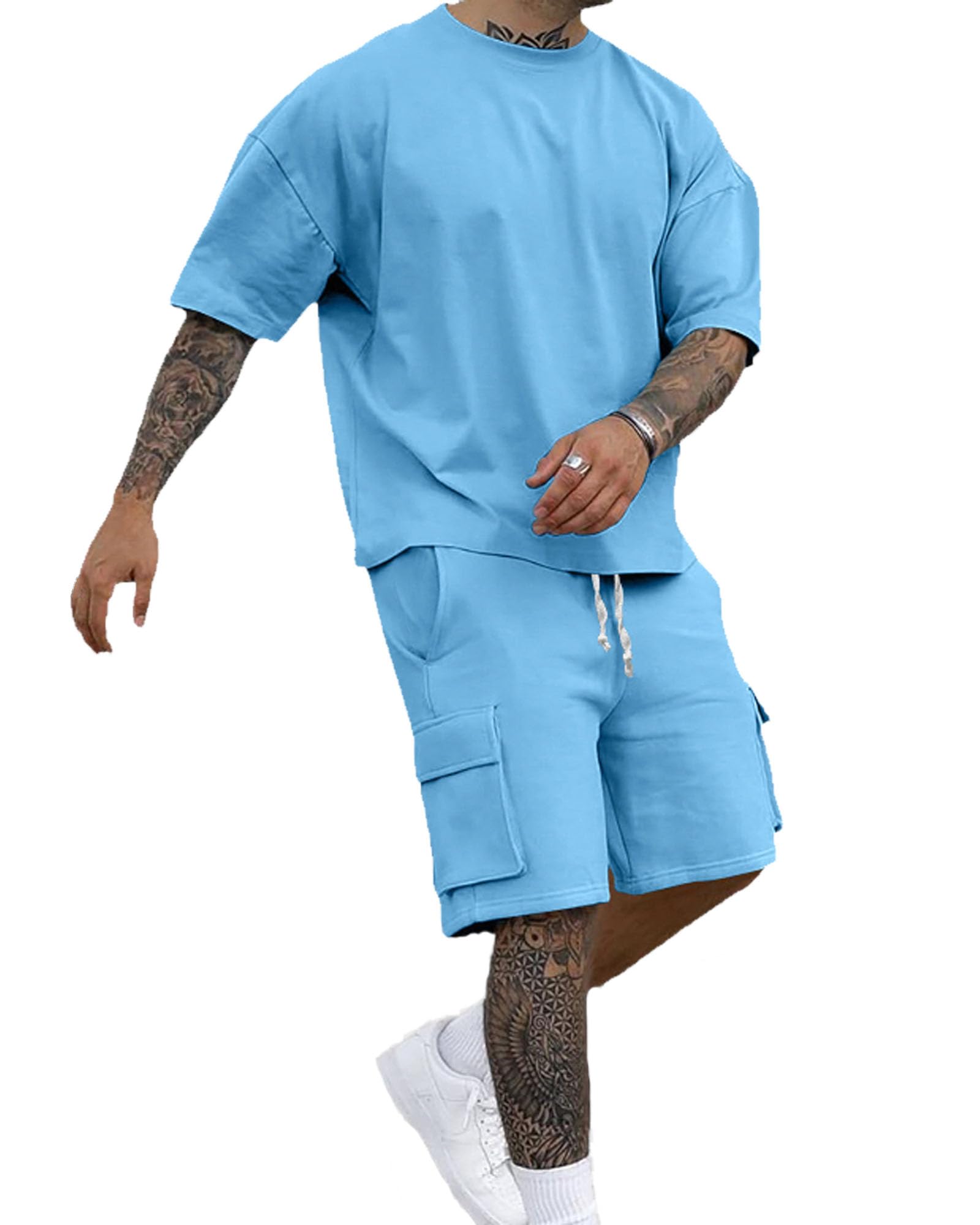 Conjunto de Verano Hombre 2 Piezas Chándal Camiseta Manga Corta Pantalones Cortos Cargo