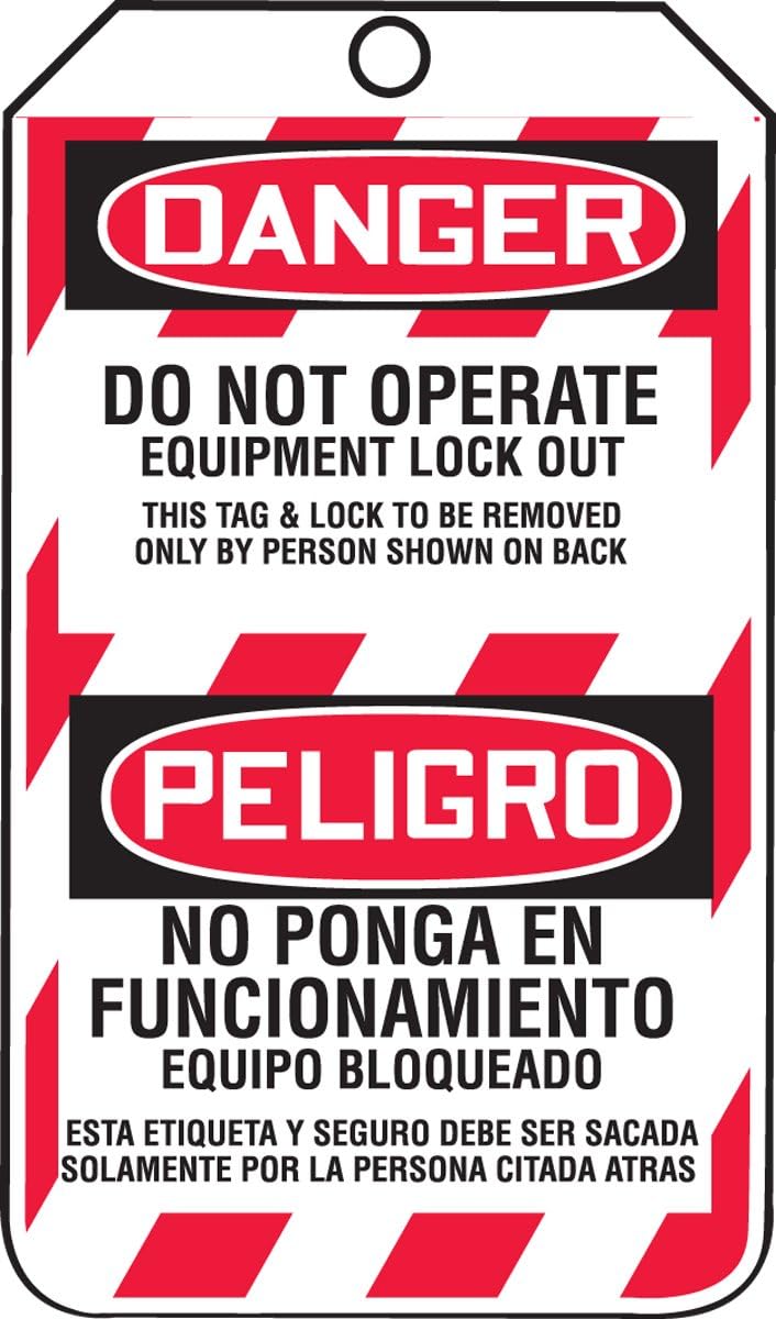 Accuform signos tsp105ctp español bilingüe bloqueo etiqueta, leyenda "peligro no funcionar equipo de bloqueo/Peligro no ponga en funcionamiento equipo bloqueado," 5.75 "Longitud x 3,25" Ancho x 0,01 cm de grosor, pf-cardstock, rojo/negro sobre blanco (25