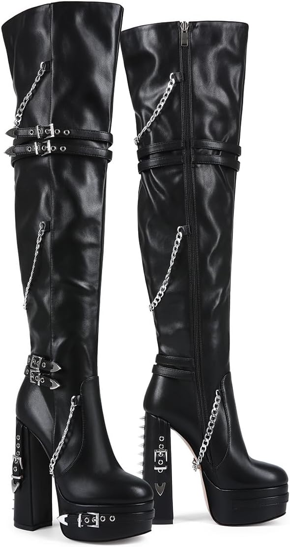 Feinlina Thigh High Boots for Women Block Heel with Trendy Buckles for Clubs Over The Knee Fashion Boots