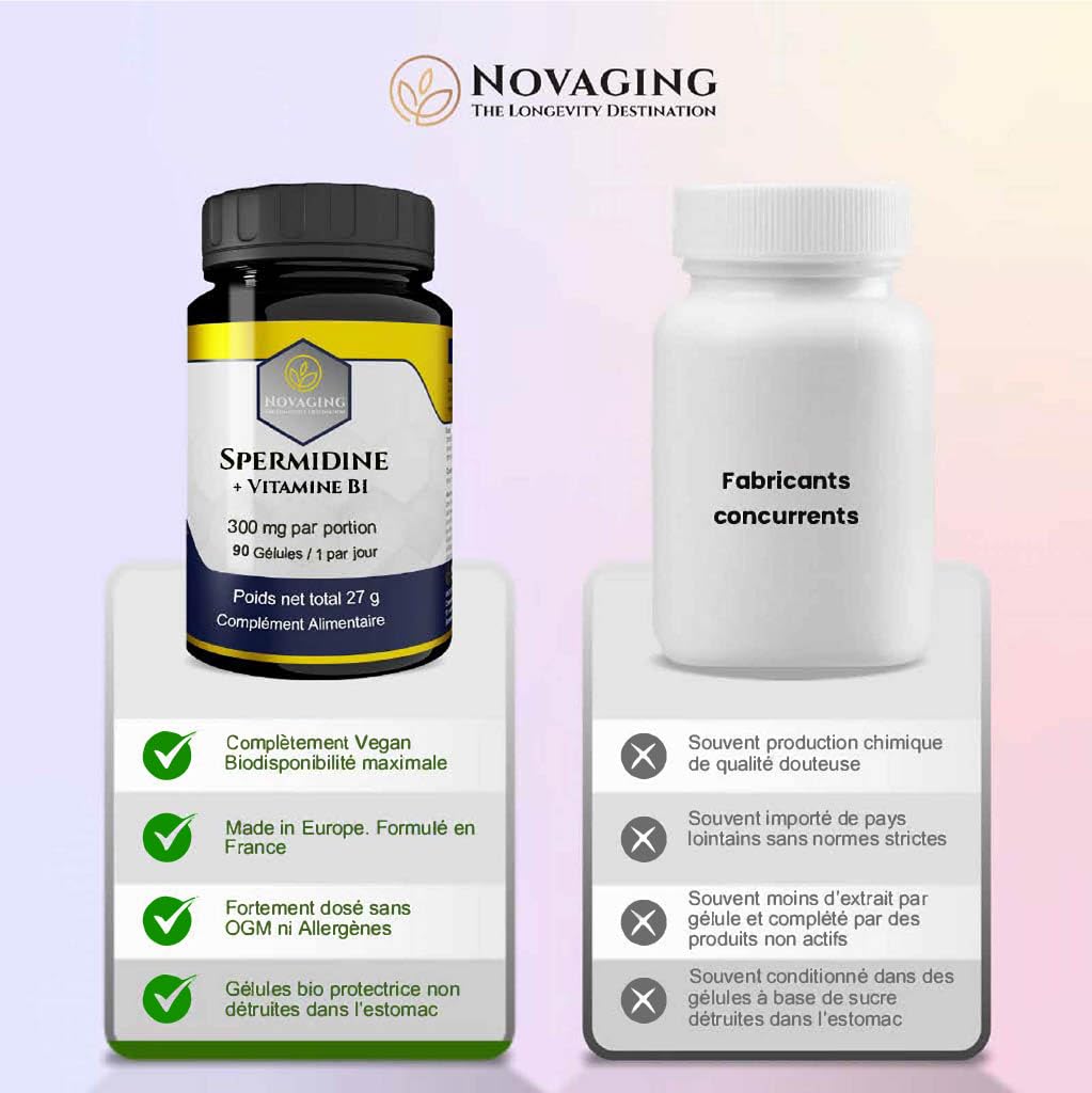 Spermidine 6 mg + Vitamine B1, Régulation cellulaire. 90 Gélules Vegan | NovAging© Haute qualité. 3 mois de cure. Précisement dosé. Testé sans Gluten, OGM ni allergènes.