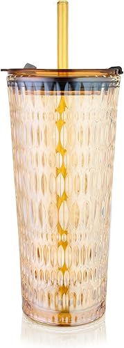 Miniatura 9 de Puraville Vaso de vidrio de 18 onzas con tapa y pajilla, cristalería gruesa con patrón de diamante vintage para whisky, cóctel, cerveza, vaso de