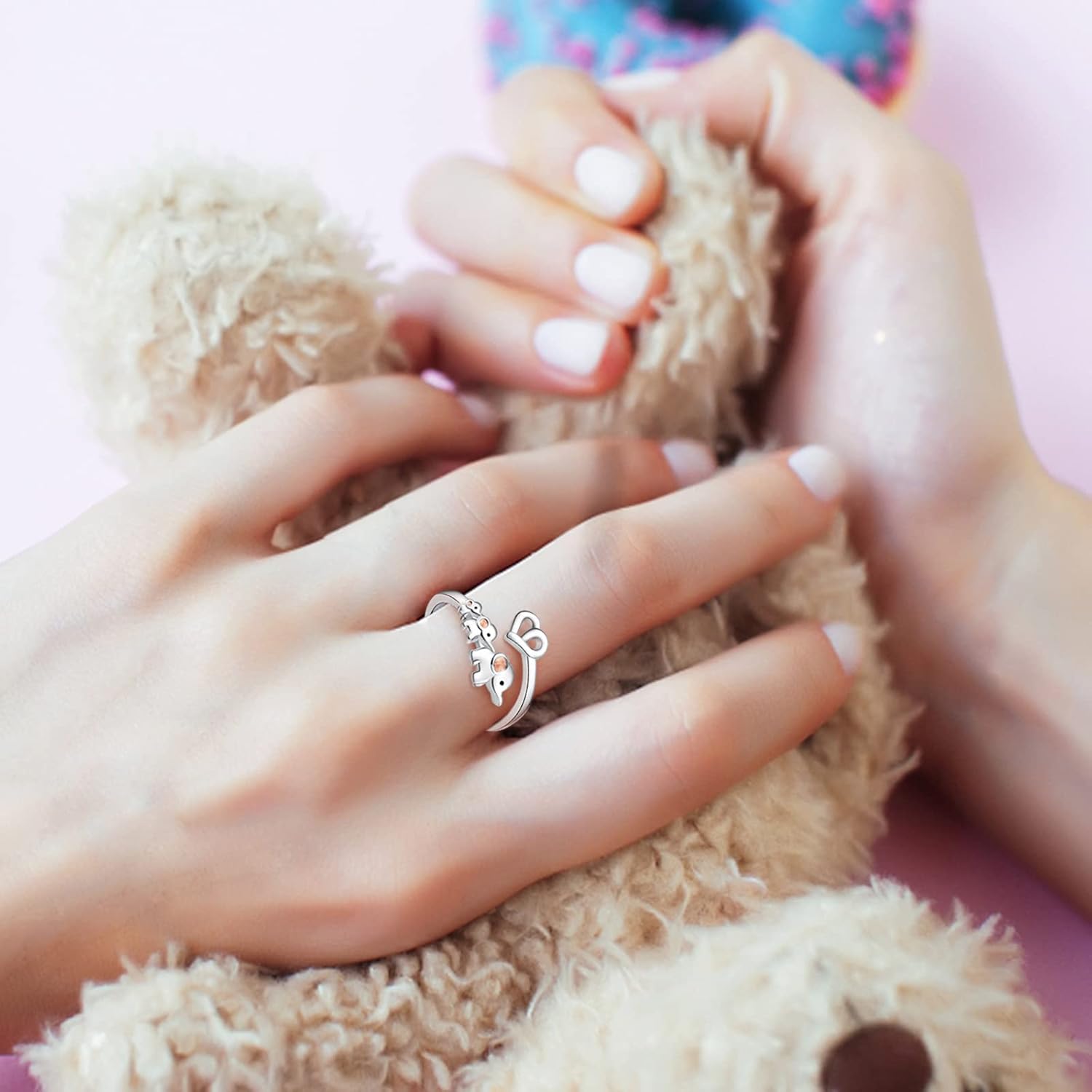 925 Sterling Silver Elephant Ring Mother Daughter Open Love Ring Rose Gold Heart Finger Adjustable Engraved Rings Jewelry for Women Wife Mom Nana
