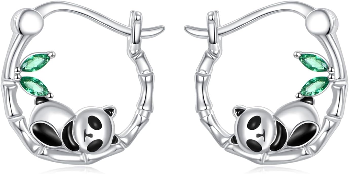 Panda Hoop Earrings Sterling Silver Bamboo Dangle Drop Earrings Cute Panda Jewelry Gifts for Women