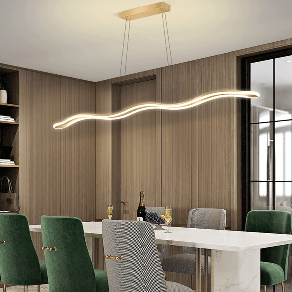 Liniowa metalowa długa lampa wisząca, wiszące światła złotej fali, nowoczesne lampy wiszące LED 52 W, dekoracyjna lampa nastrojowa do jadalni, proste żyrandole z wyspą kuchenną