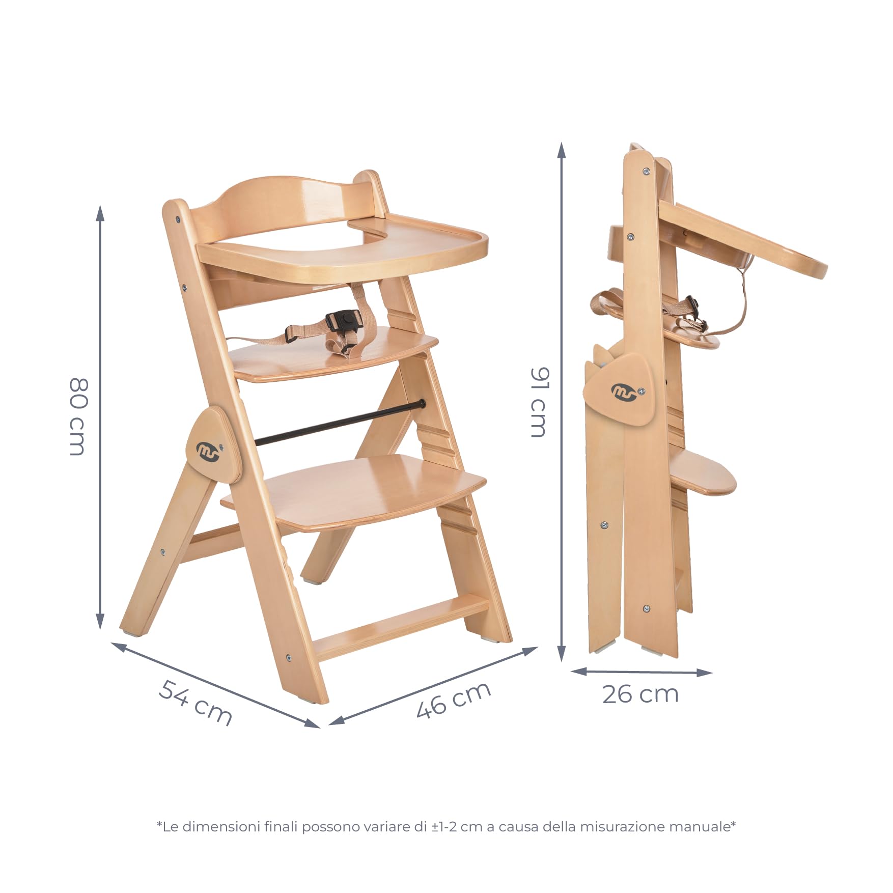 Ms BabyWorld Seggiolone PIEGHEVOLE Full per bambini in legno, completamente pieghevole, evolutivo, seggiolone, ergonomico, regolabile, sicuro,
