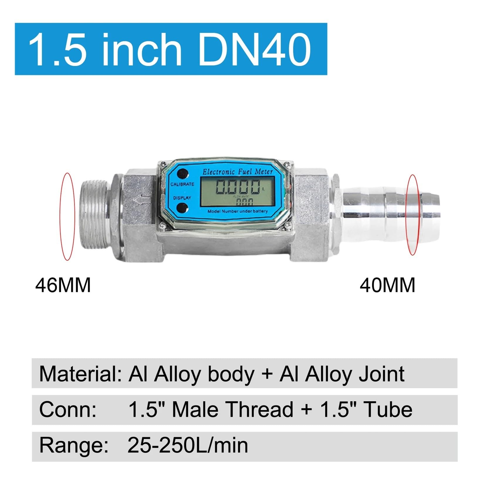 Durchflussmesser Digitaler Turbinendurchflussmesser, Aluminium, 3/4 Zoll, 1 Zoll, 1,5 Zoll, 2 Zoll Gewinde, elektronischer Kraftstoffdurchflussmesser for Wasser, Diesel, Benzin, Flüssigkeit(1.5-inch)