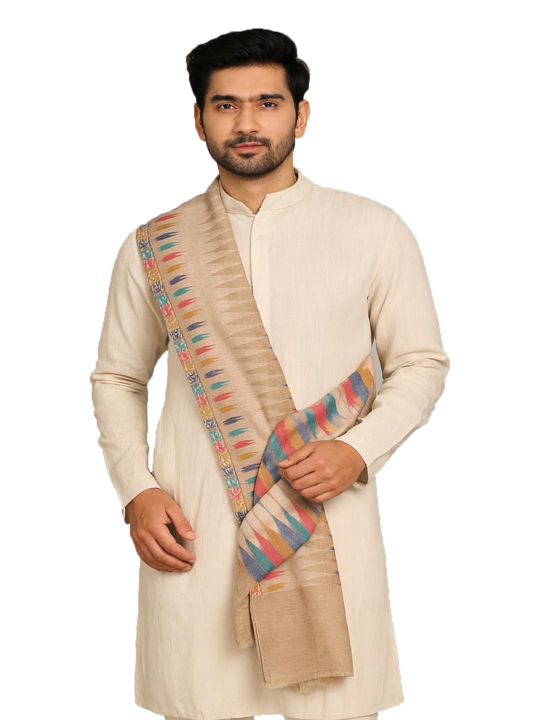muffly Pastel Ikat-Inspired White Woven Elegant Fine Wool Stole for Men, Ideal for Warm to Moderate Climates -Size (80 inch x 28 inch)-picture-29