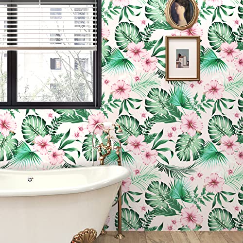Westick Leaf Wallpaper Peel And Stick Tropical Botanical Palm Leaves With Pink Hibiscus Flowers Self Stick Floral Wall Paper Jungle Forest Wallpapers For Rv Bathroom Drawer Dresser 17.5 X 118 In #TOP3