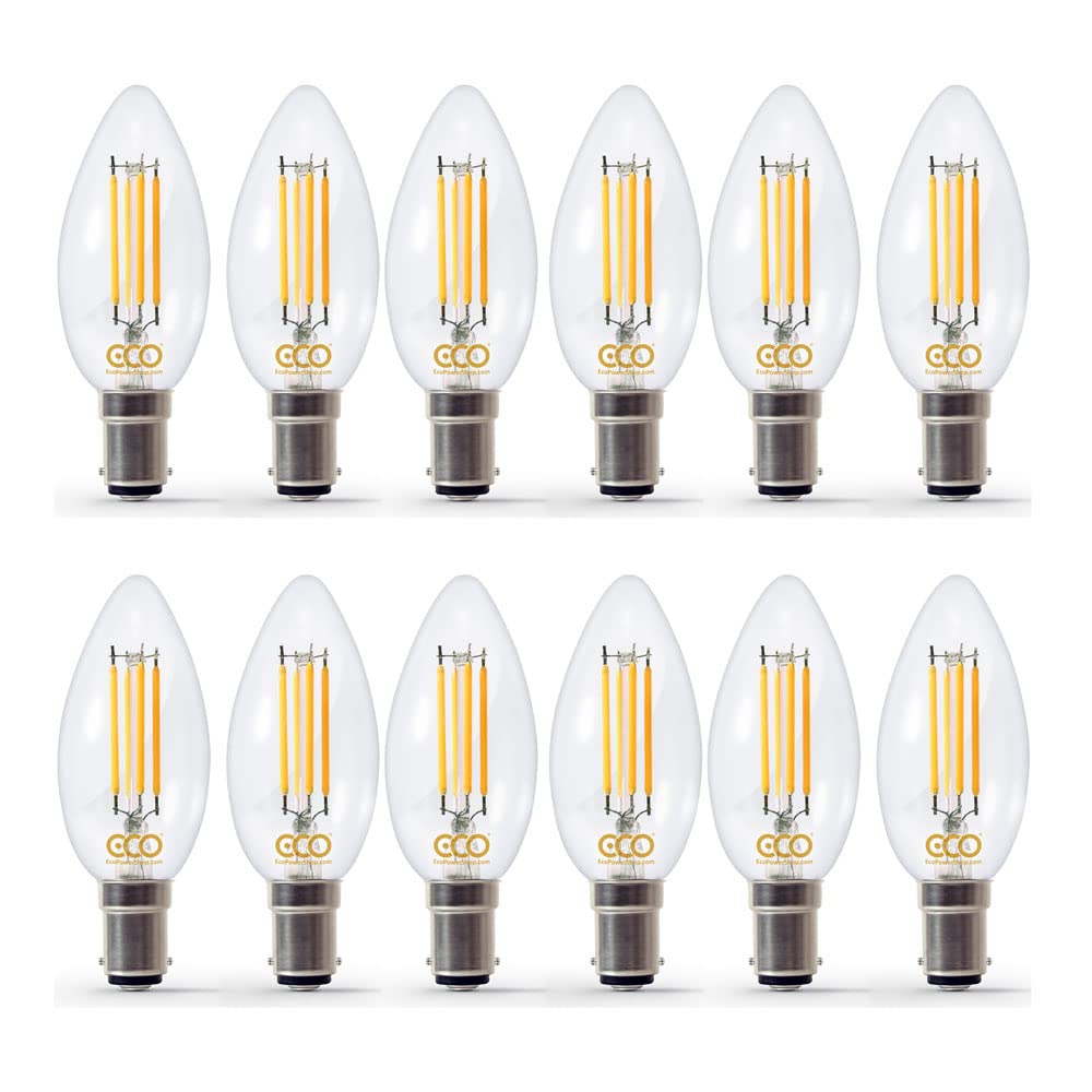 ECO 40W Dimmable Energy Saving Candle Light Bulb, Low Power 4W Vintage Style LED Filaments, 400 Lumen, Clear Glass, Warm White (2700K), B15 Small Bayonet Fitting, 25000Hrs Lifetime. (12xPACK)