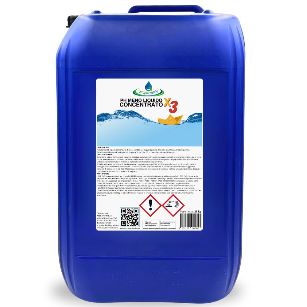 acquaverde | Ph Meno liquido CONCENTRATO X3, Regolatore e Abbattitore di pH TRIPLA POTENZA per Manutenzione Acqua di Piscina, Ideale anche per Dosatori Automatici - Tanica da 25 kg