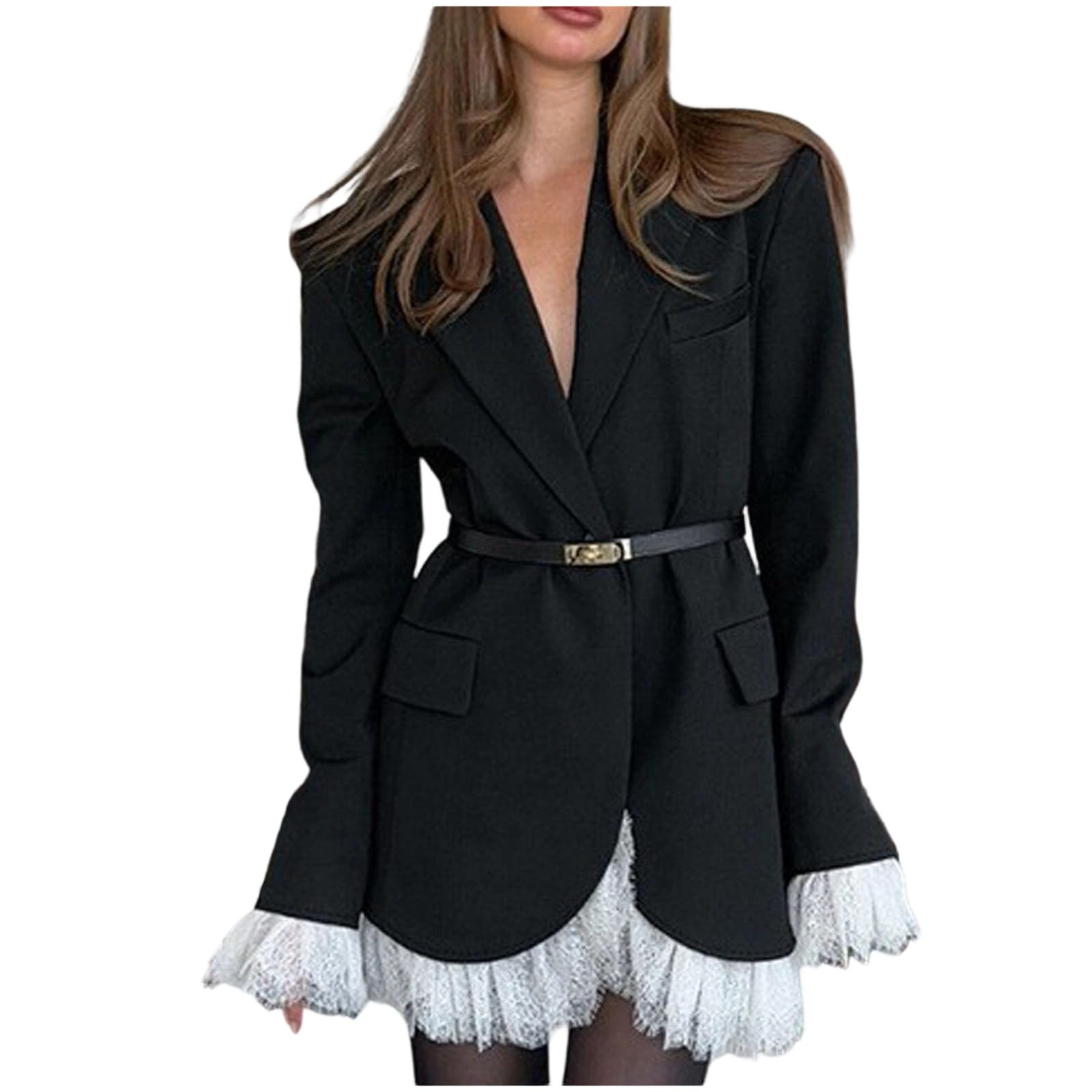 Blazers for Women Business Casual Button Down Blazer Solid Color Long Sleeve Lace Trim Blazers Fall Fashion Outfits