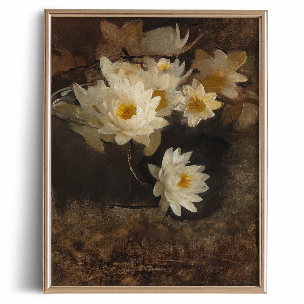 Farmhouse Flower Still Life Picture Living Room - 11 x 14 Art Print- Rustic Vintage Decor for Bedroom - Neutral Yellow White Lotus Flower Oil - Art Deco Wall Art for Kitchen - Antique French Poster