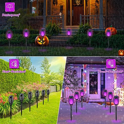 IkeeRuic Halloween Decorations Outdoor, Purple Halloween Solar Lights with Flickering Flame, Solar Torch Lights for Yard Decorations, Waterproof Outdoor Lighting for Garden Pathway Patio Outside Decor の商品画像 2