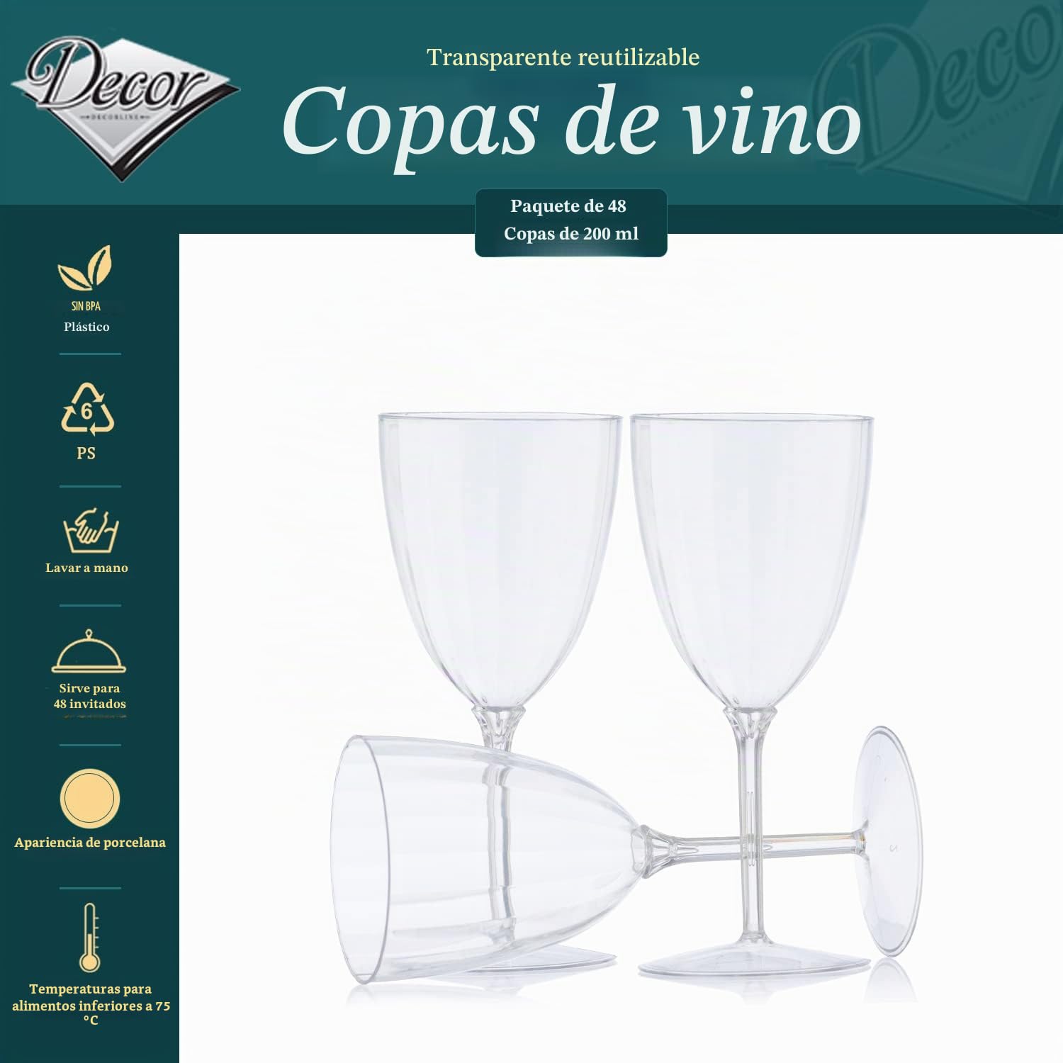 Decor Decorline - 48 copas de vino de plástico premium transparente reutilizables, copas de cóctel para bodas y fiestas, 200 ml, reutilizables y estables.