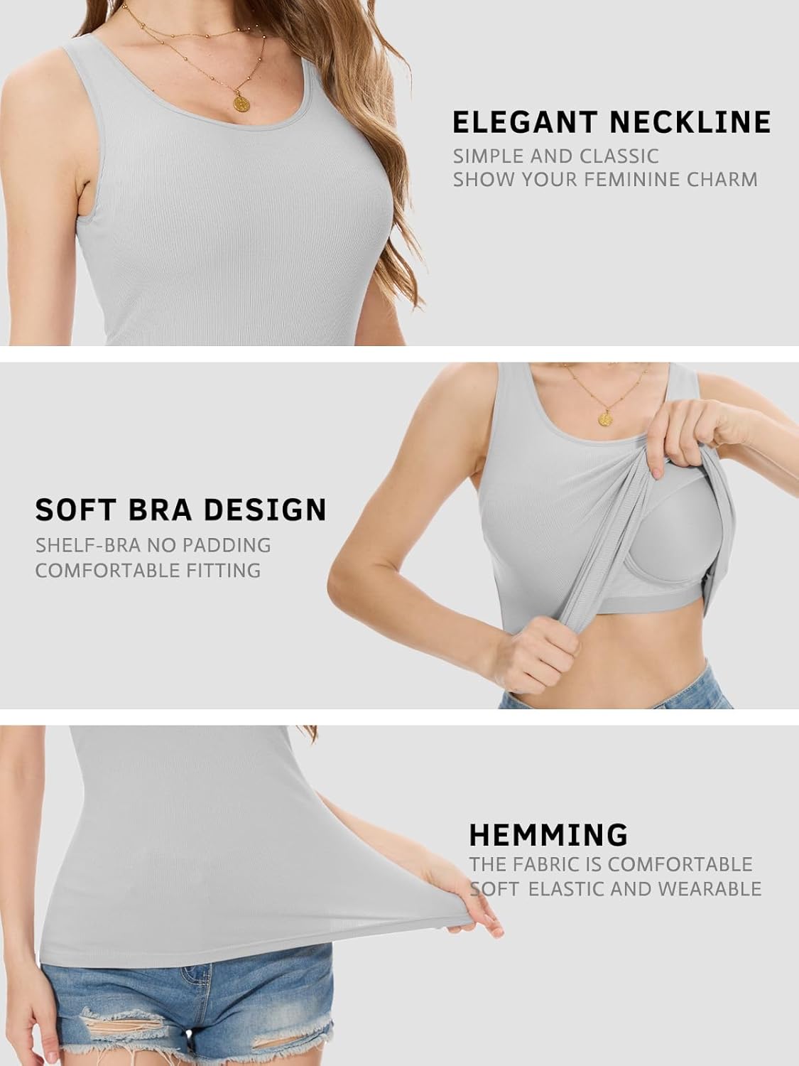 Rosyline Tank Tops for Women with Built in Bra Sleeveless Ribbed Shirts Scoop Neck Slim Fitted Top - Image 4