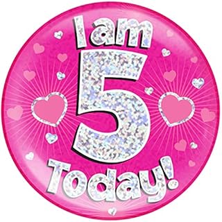 OAKTREE UK 633063 6" Jumbo Badge I am 5 Today Pink Holographic Dot