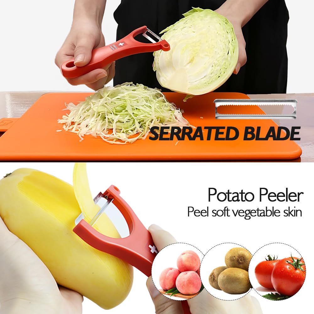 Swiss Peeler Gemüseschäler & Kartoffelschäler für Küche, Swiss Made Ergonomische Küchenschäler für mühelose Zubereitung - 3 Stück (Grün + Orange + Rot)