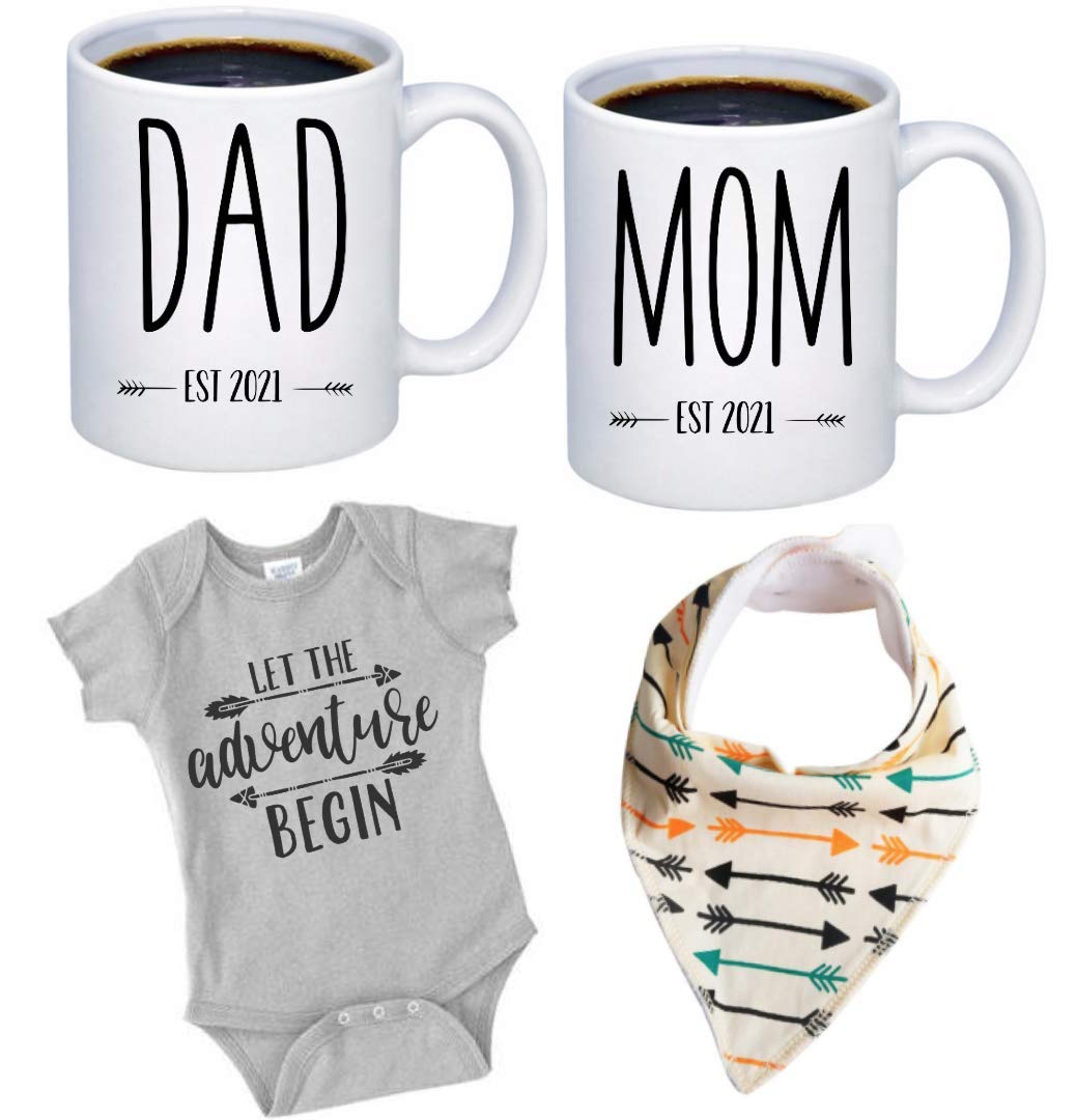 Pregnancy Gift Est 2022 - New Mommy and Daddy Est 2022 11 oz Mug Heart Set with"Let Adventure Begin" Romper (0-3 Months) - Top Mom and Dad Gift Set for New and Expecting Parents to Be - Baby Shower