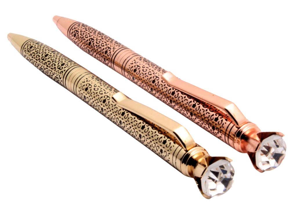 Ledos Set Of 2 - Trophy Rose & Gold Plated Ballpoint Pen Clear Crystal Diamond On Top Etching Work Done On Body