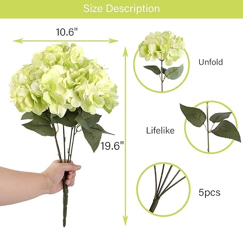 Miniatura 2 de Jim's Cabin Arreglos de hortensias artificiales de seda, 1 ramo con 5 cabezas grandes, ramo de flores falsas para mujeres, dormitorio, boda,