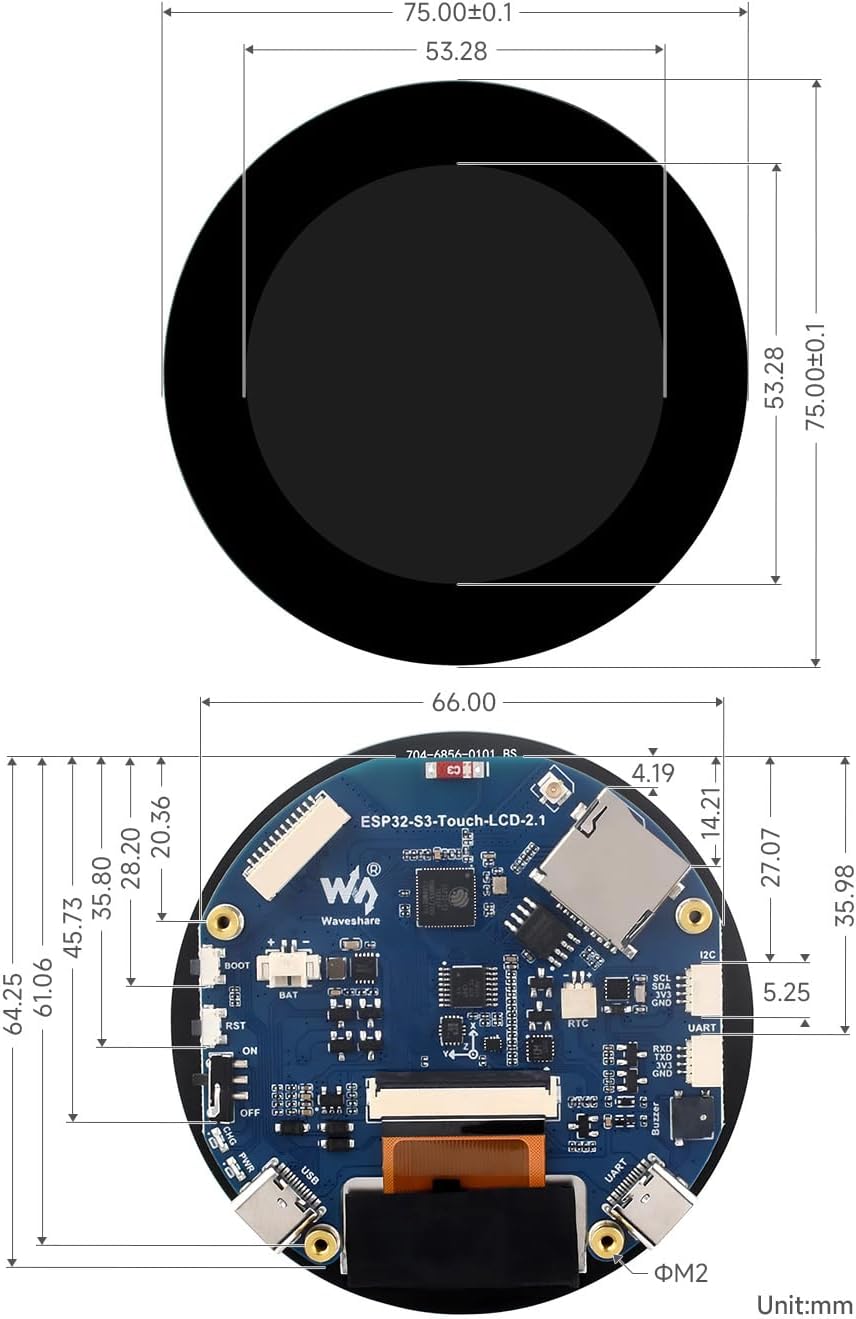 Waveshare ESP32-S3 2.1inch Round Touch Screen with 32-bit LX7 Dual Core Processor, 480 × 480 Resolution, 262K Color, Support Wi-Fi & BLE 5