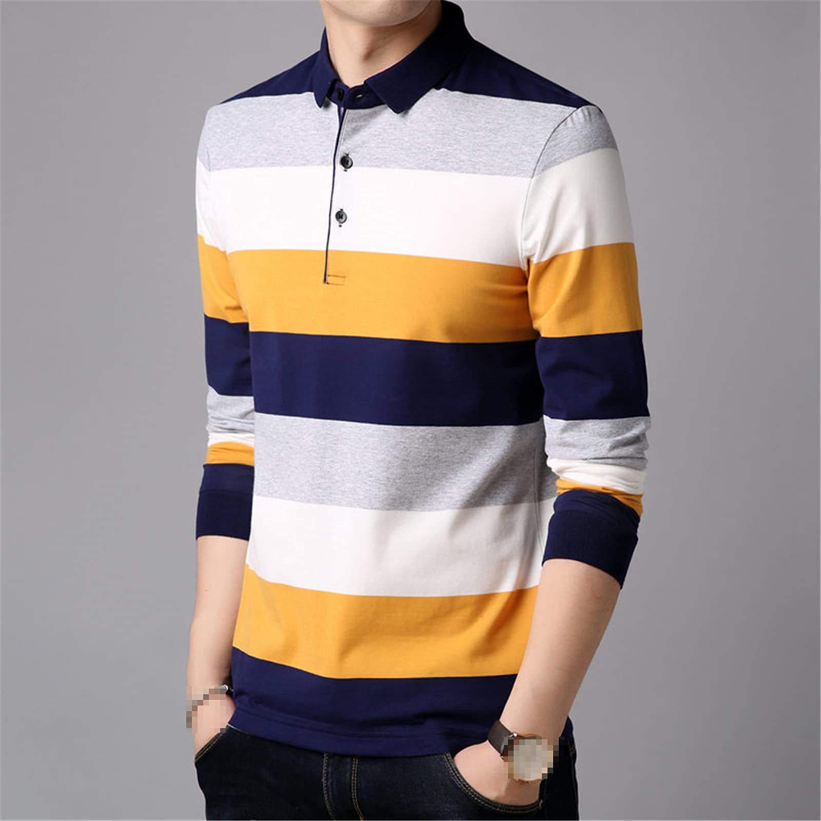Langarm-T-Shirt für Herren, gestreift, lässig, Streetwear, weiche Baumwolle, T-Shirt für Homme Umlegekragen, gelb, L