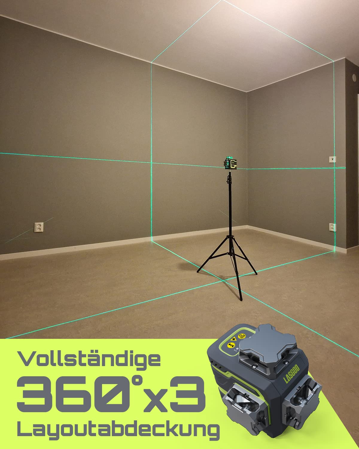 LasGoo LG-3D Linienlaser Selbstnivellierend 3x360°, Kreuzlinienlaser mit grünem Strahl für Konstruktion und Ausrichtung, 2 wiederaufladbare Li-Ion-Akkus (20 Std.), Magnetständer inklusive (Grün)