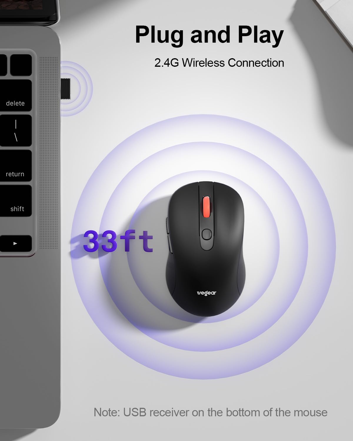 wegear USB Mouse Wireless, 2.4G Cordless Computer Mouse with 6 Buttons, 5-Level Adjustable 4000 DPI, Ergonomic Portable Optical Computer Mice for Laptop, PC, Mac, iPad, 24-Month Battery Life (Black)