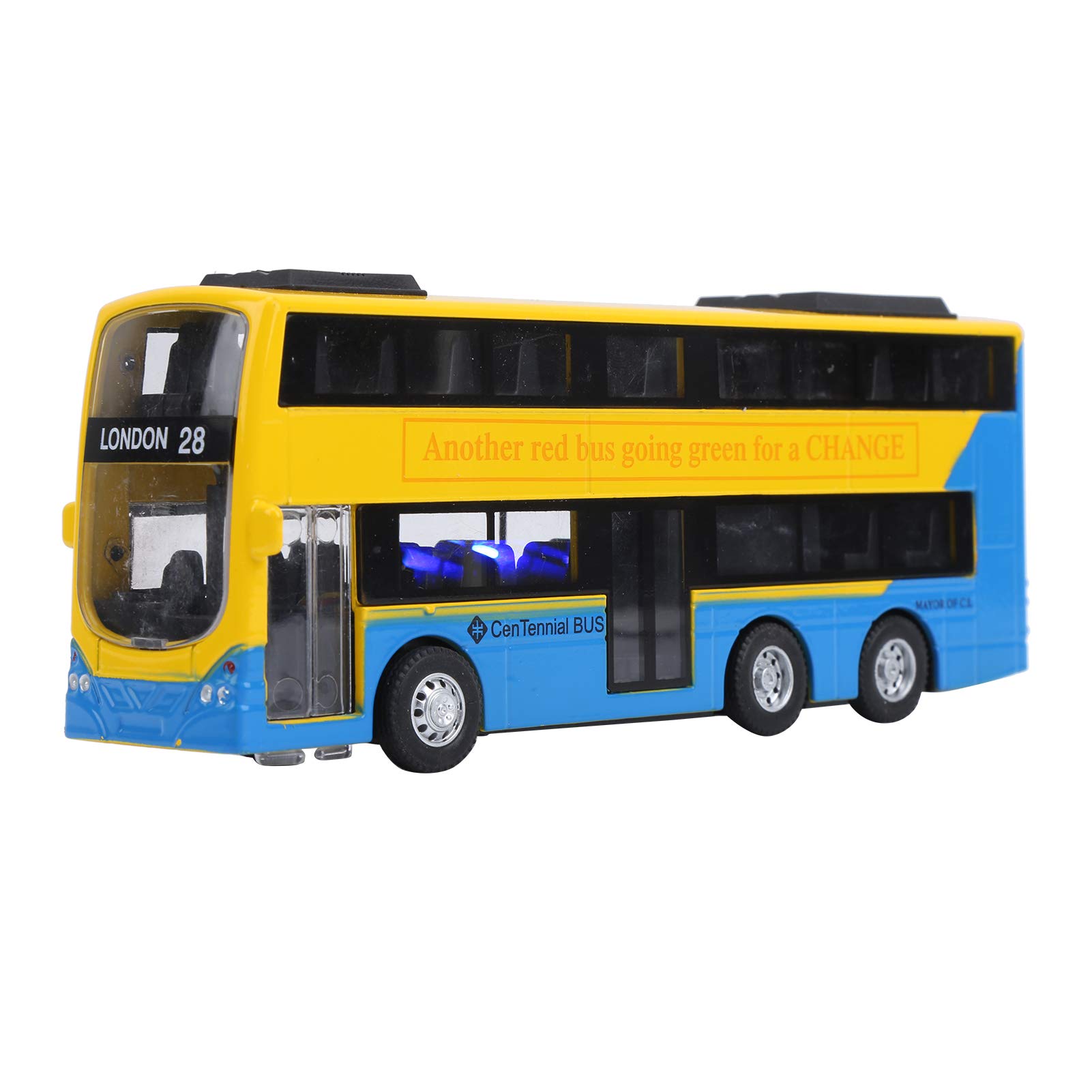 LONGONGAN 1:90 Double Decker Model Car, Pull Back Vehicle Toy with Light and Sound Effect, Alloy Diecast Toy Model for Kids Ages 3+, Includes 3 LR44 Batteries (Yellow)