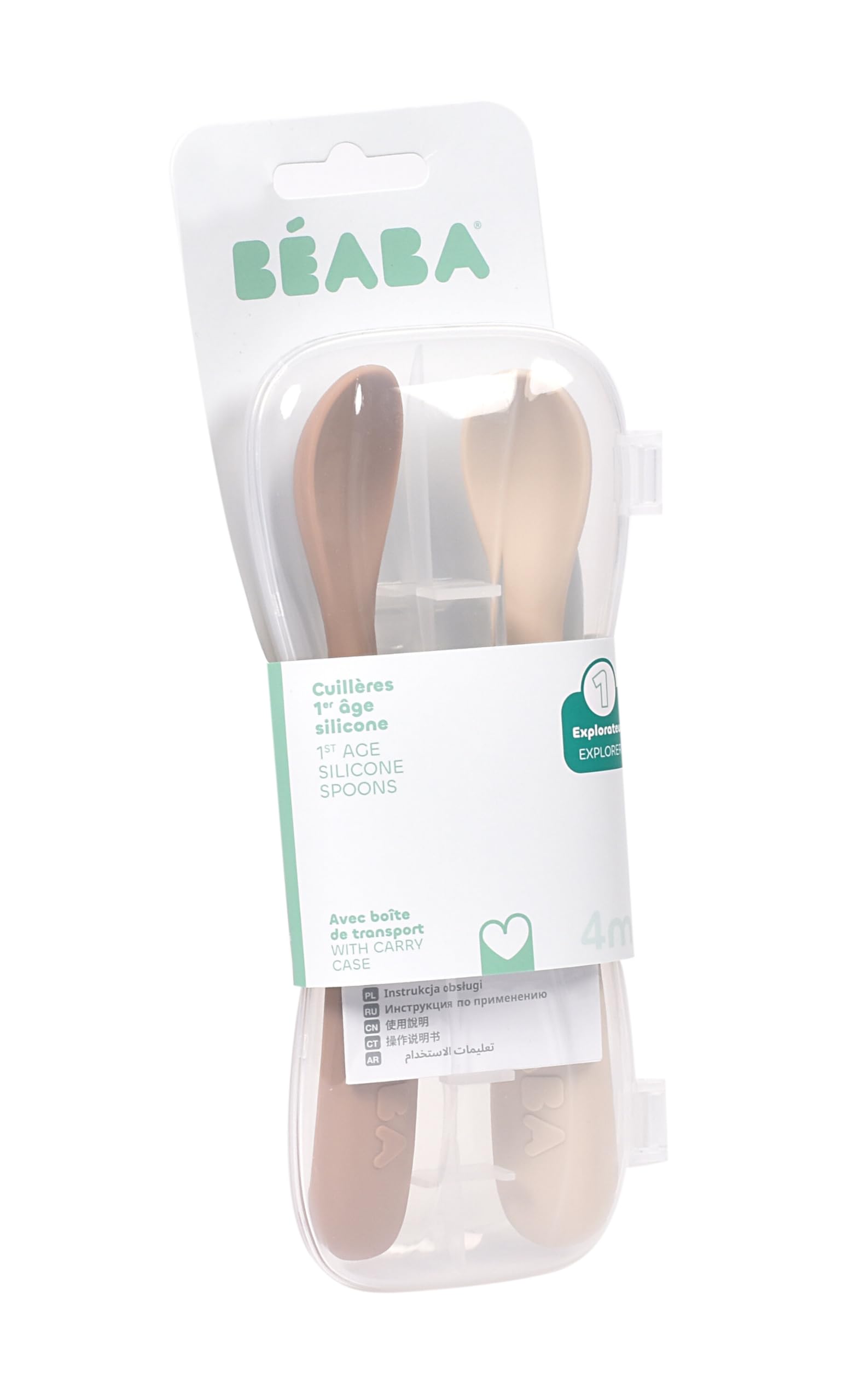 BÉABA Set of 2 Silicone Spoons for Baby/Infant Early Age, from 4 Months, Soft Rounded Tip, Long Ergonomic Handle, Travel Case - Image 3