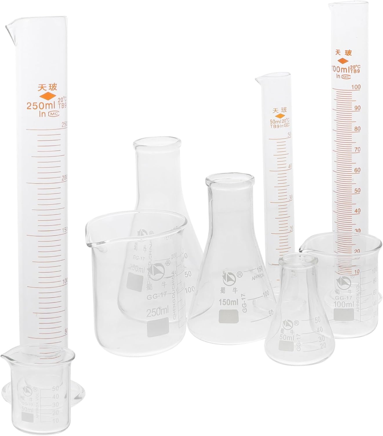9pcs Glass Laboratory Beakers Measuring Cylinders and Conical Flasks for Scientific Experiments Thick Glass Scales for Chemistry and Education