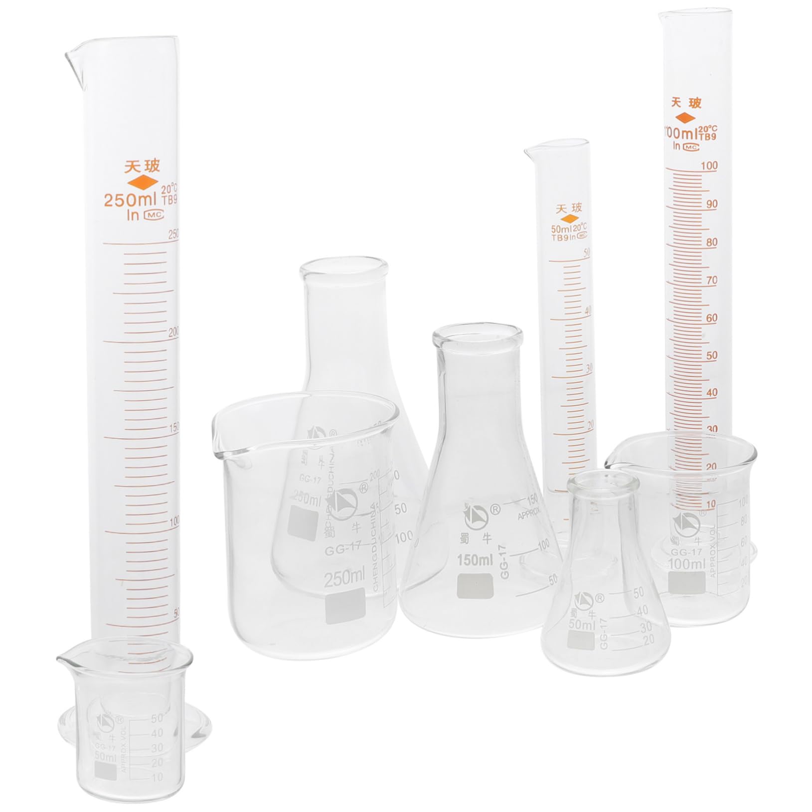 CIYODO Scientific Lab Equipment Set 9pcs Glass Beaker Graduated Cylinder Conical Flask Measuring Cylinders No Bubbles No Burrs Smooth and Rounded